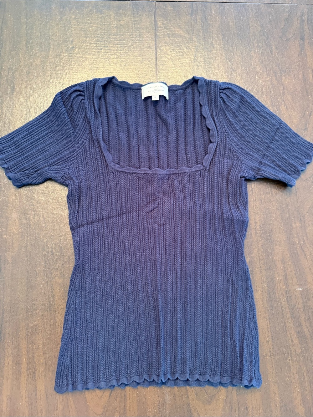 Sezane Navy Ribbed Short-Sleeve Square Neck Top
